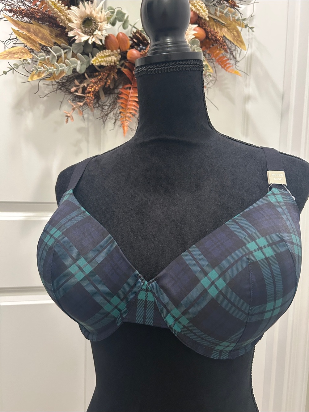 Haven Well Within by Talbots Navy Blue, Black and Green Plaid Bra Size 38DD NWT